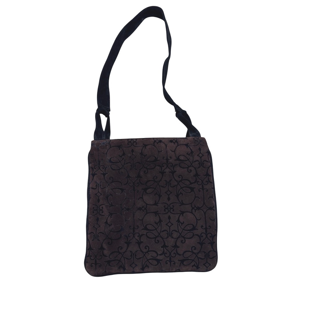 Frenchy of‎ California Brown Flocked Velvet Damask Suede Shoulder Bag Vintage